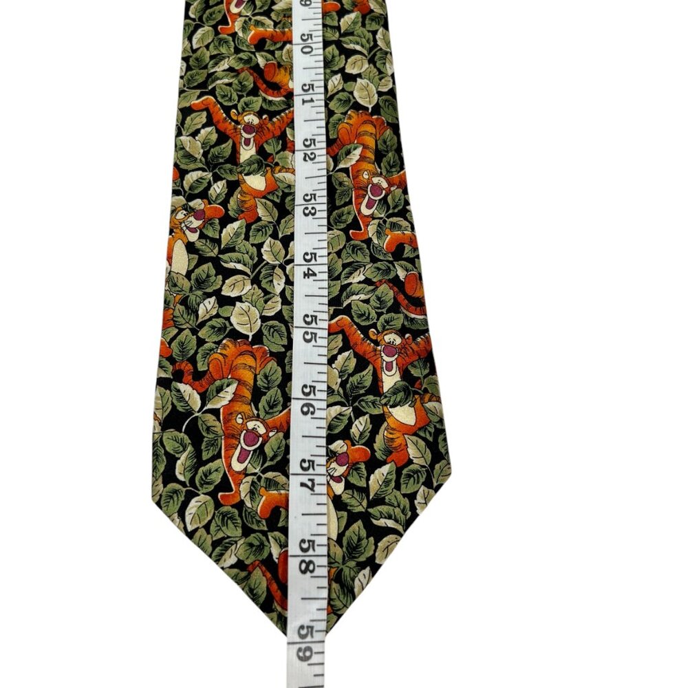 Vintage Disney World Mens Tigger in Jungle Leaves Green Orange Silk Pointed Tie - Picture 10 of 11